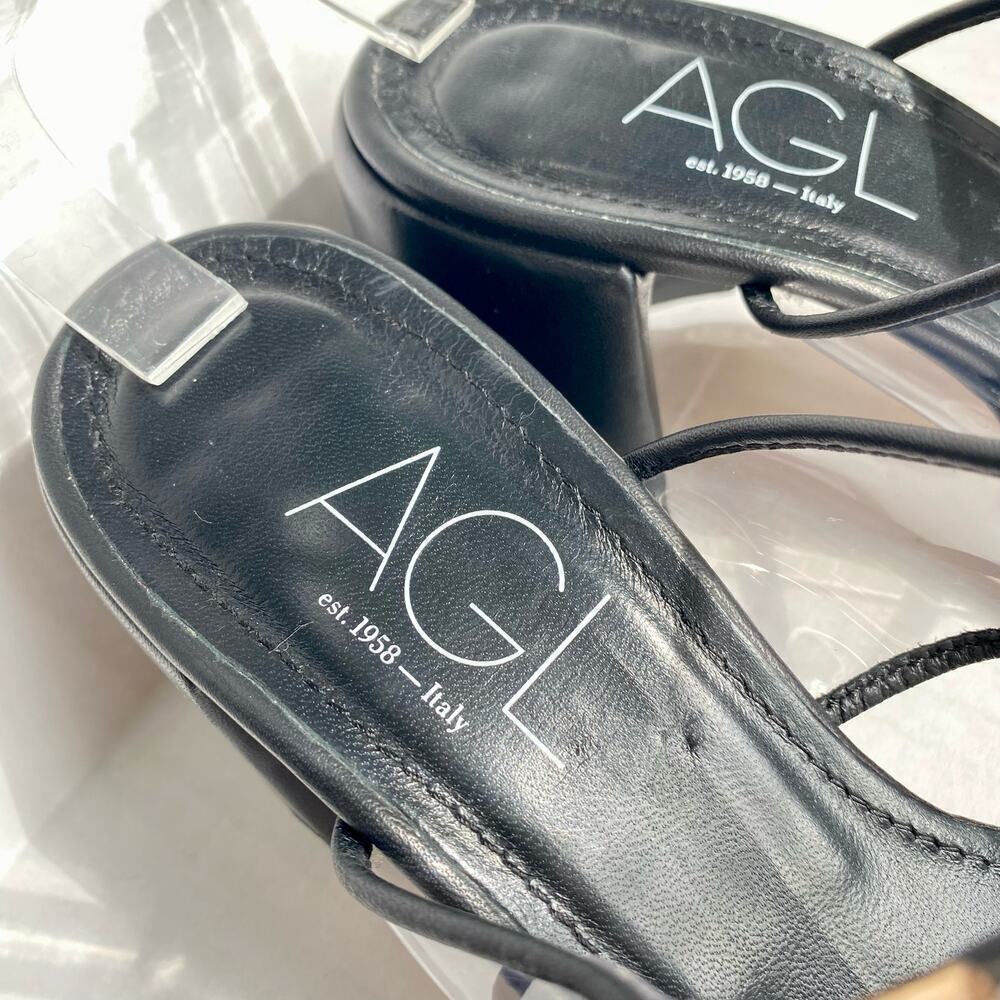 AGL Heels Mila Sandals Clear Strap Leather Black Silver Metallic Block Heel 7 37 - Picture 4 of 10